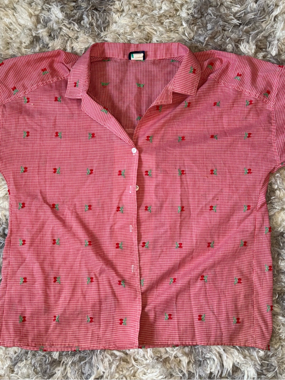 Koret Women's Vintage Red Gingham Cherry Button-Up Top